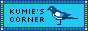 A bright blue web-button with the words 'Kumie's corner' next to a pixel drawing of a magpie.