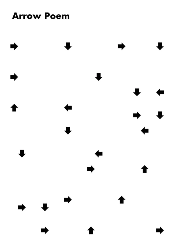 A screenshot of a visual poem, named 'Arrow Poem.' It consists of several black arrows pointing in various directions. If you follow their directions, they will lead you through the poem and out.