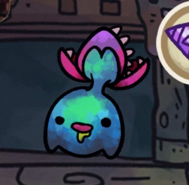 A screenshot of the game 'Alchademy.' It features one of the mergable items, a living carnivorous baby plant. It is smiling and drooling.