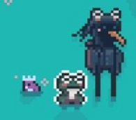 A screenshot from the pixel game Mudborne. It shows three figures: a small purple frog wearing a crown, a larger anthropomorphic green frog, and an anthropomorphic blue crane wearing goggles. They are all knee-deep in teal water.
